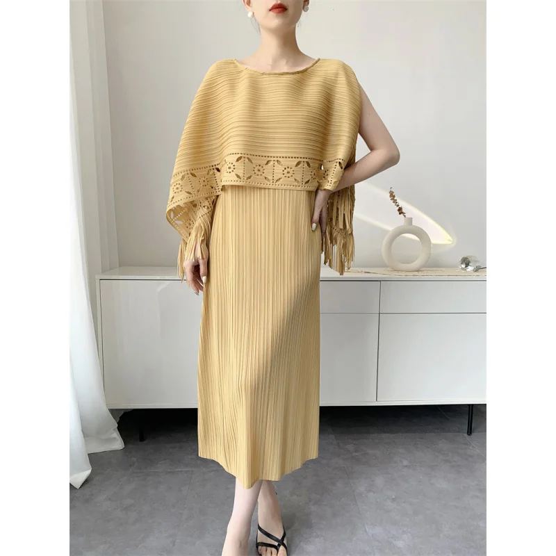 

Miyake spring/summer pleated dress fashionable age reducing loose fit plus size medium to long style [L-1074F]