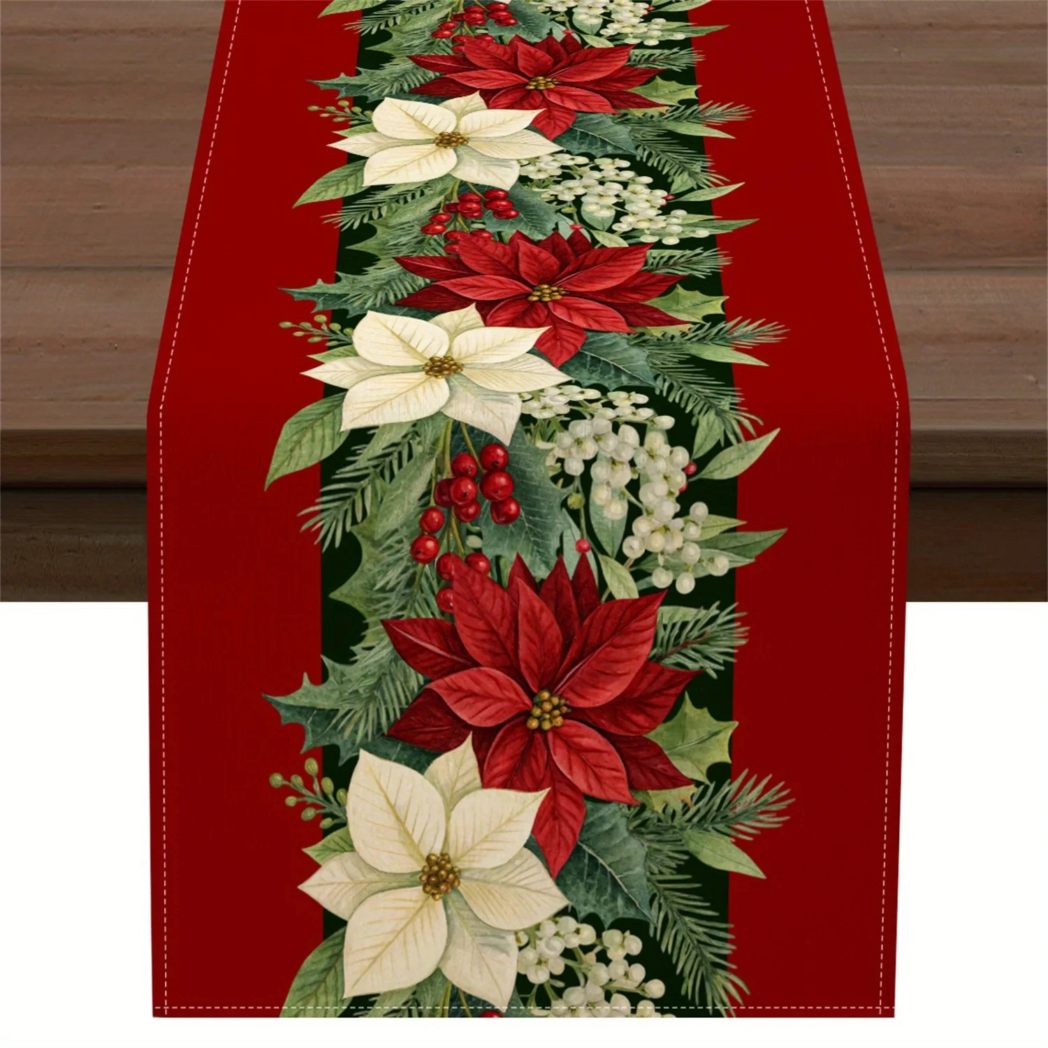 Weihnachtsstern, Beere, bedruckt, Tischläufer, 2D-Flachdruck, festliche Dekoration, Weihnachts-Esstisch-Dekoration, elegant, charmant
