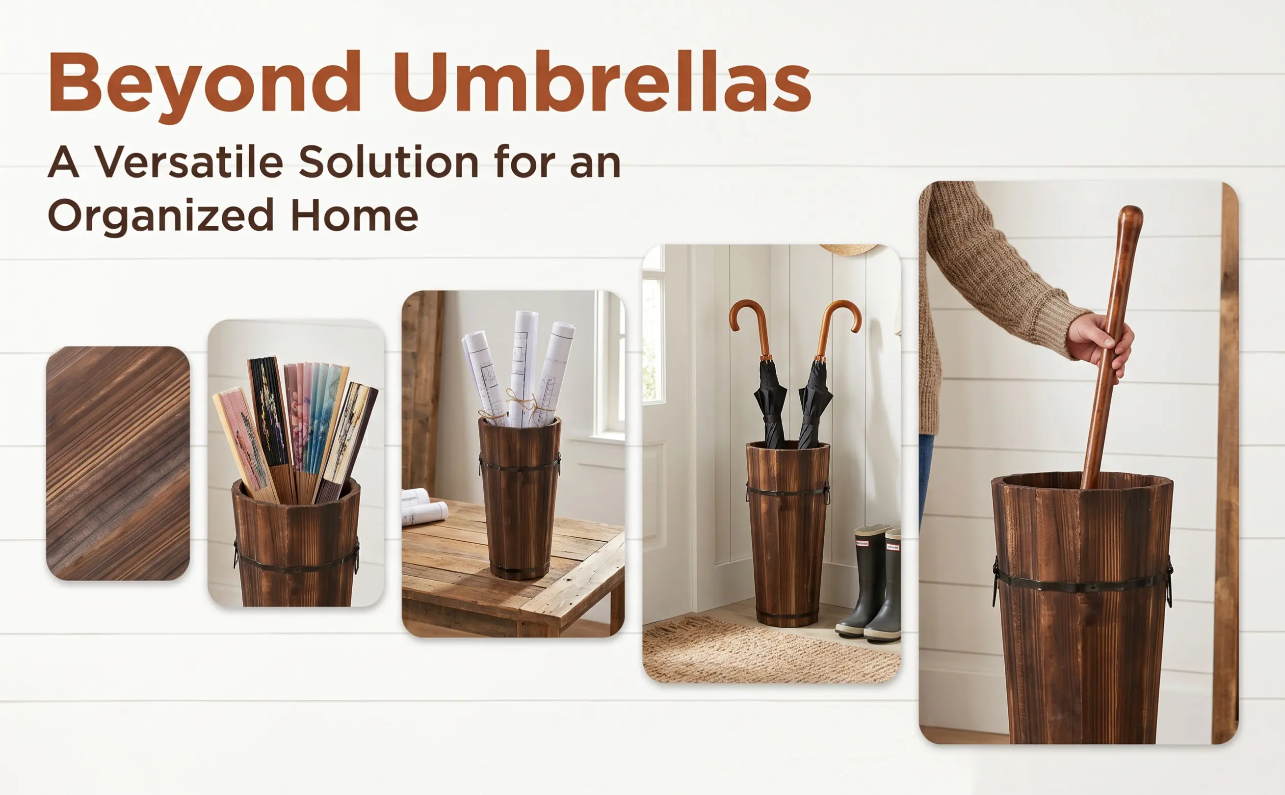Wooden Umbrella Stand for Entryway Hallway Multifunctional Storage Rack for Umbrellas Walking Sticks Fans Natural Wood Decor