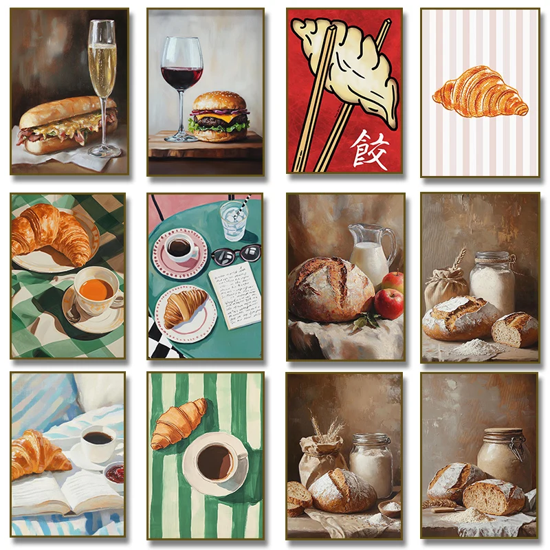 1pc frameless Canvas Painting Croissant Wine Coffee Cheeseburger Bread Flour Kitchen Food Poster Canvas Painting Print for Livin