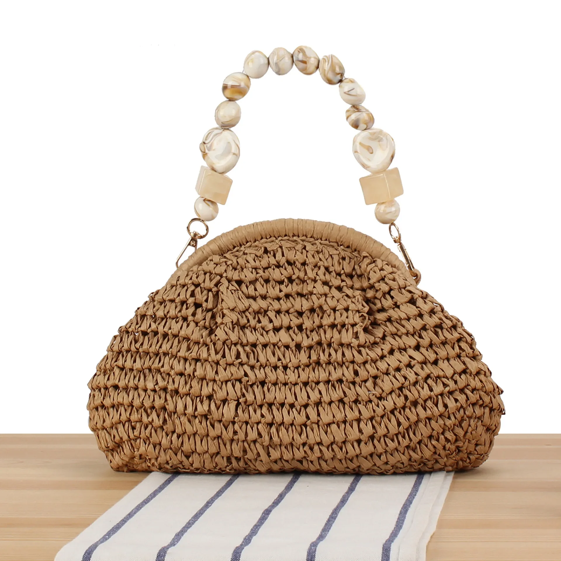 

Bohemian Woven Shell Bag Summer Beaded Handle Straw Bags for Women Handbags Clip Beach Bag Knitting Shoulder Crossbody Bags NEW