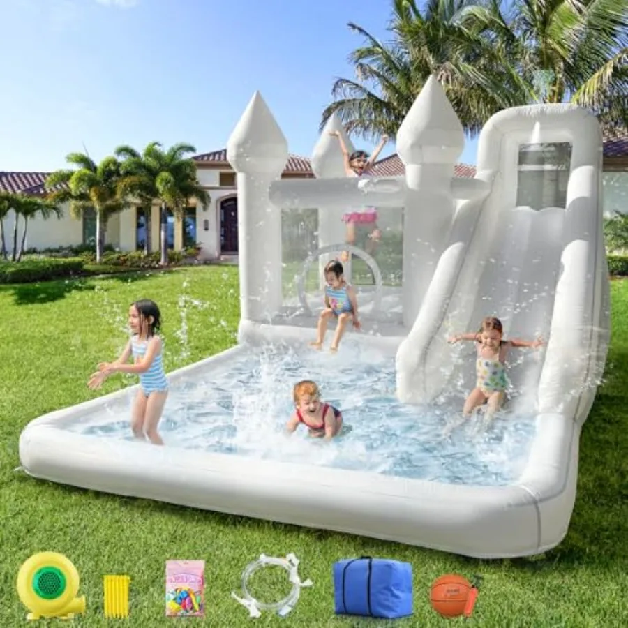 

Inflatable bouncy castle for kids 3-12, PVC material, blue and red, 3-in-1 portable ball pool and jump space with UL-certified