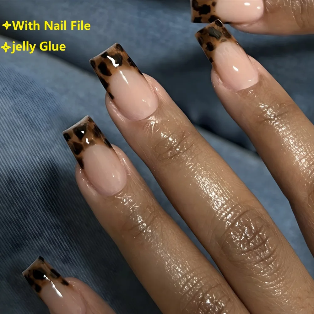 

24Pcs Fake Nails Leopard Print French Tips Euro-Style Square ShapeMedium Length Press-On Nail Perfect Gift for Girls and Friends