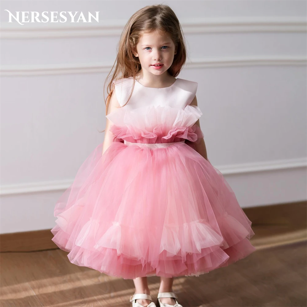 Nersesyan Pure Satin And Tulle Flower Girl Dresses For Wedding A-Line Tea Length Birthday Party Gowns Occasional Children Dress