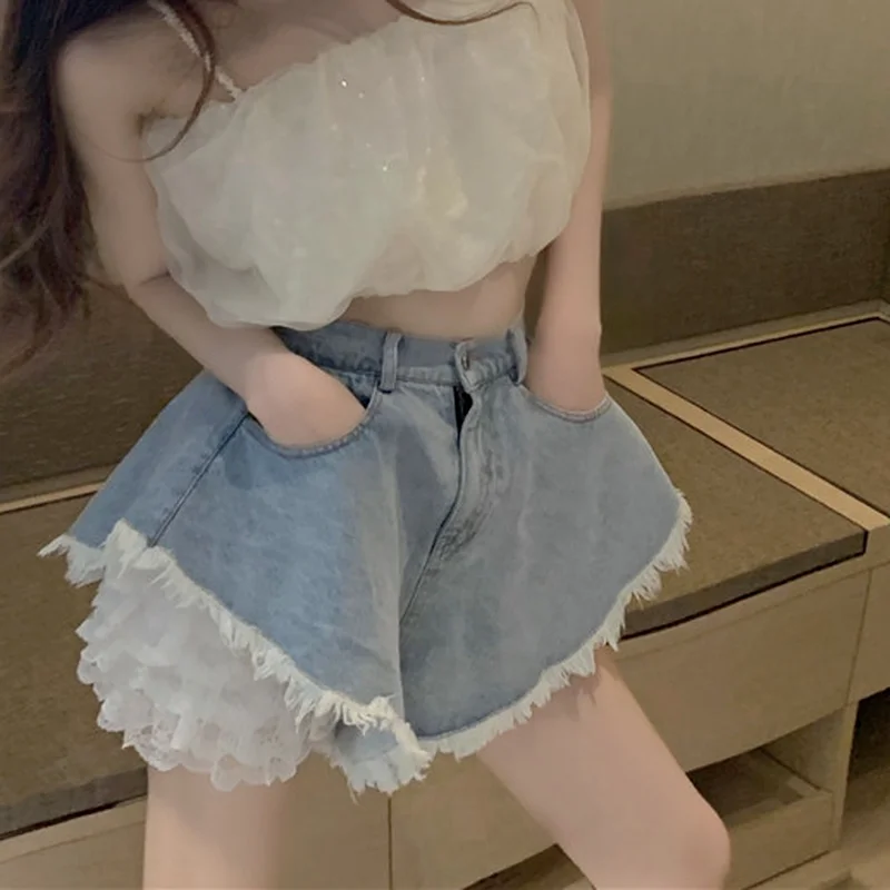 Summer Ladies Harajuku Lolita Style Lace Shorts Fashion Chic High Waist Denim Shorts Women Streetwear Sexy Punk Hip-hop Jeans