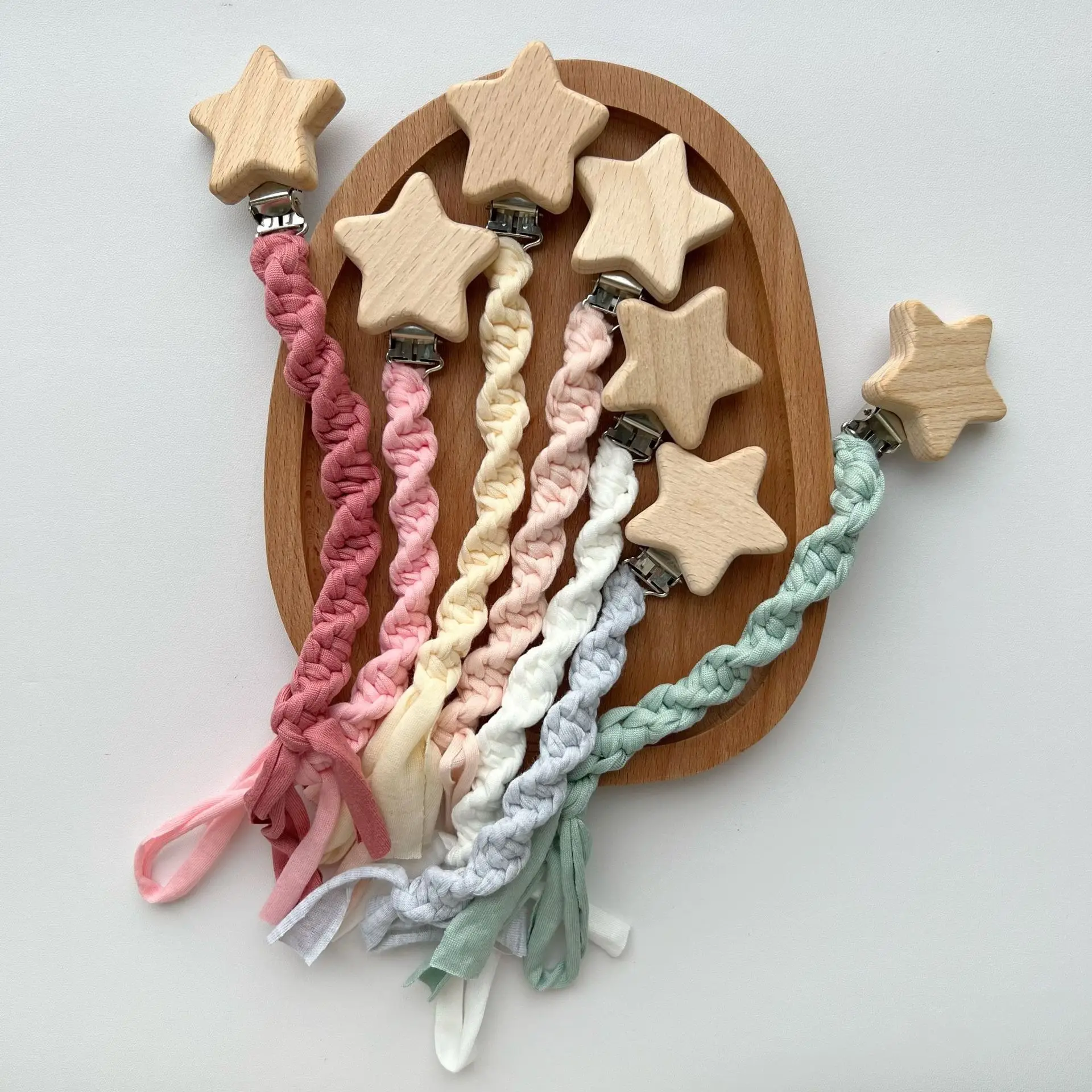 Holz Stern Baby Schnuller Clip Handarbeit Gewebt Elastische Seil Schnuller Clip Clip Kinder Schnuller Zahnen Kleber Anti-drop Kette