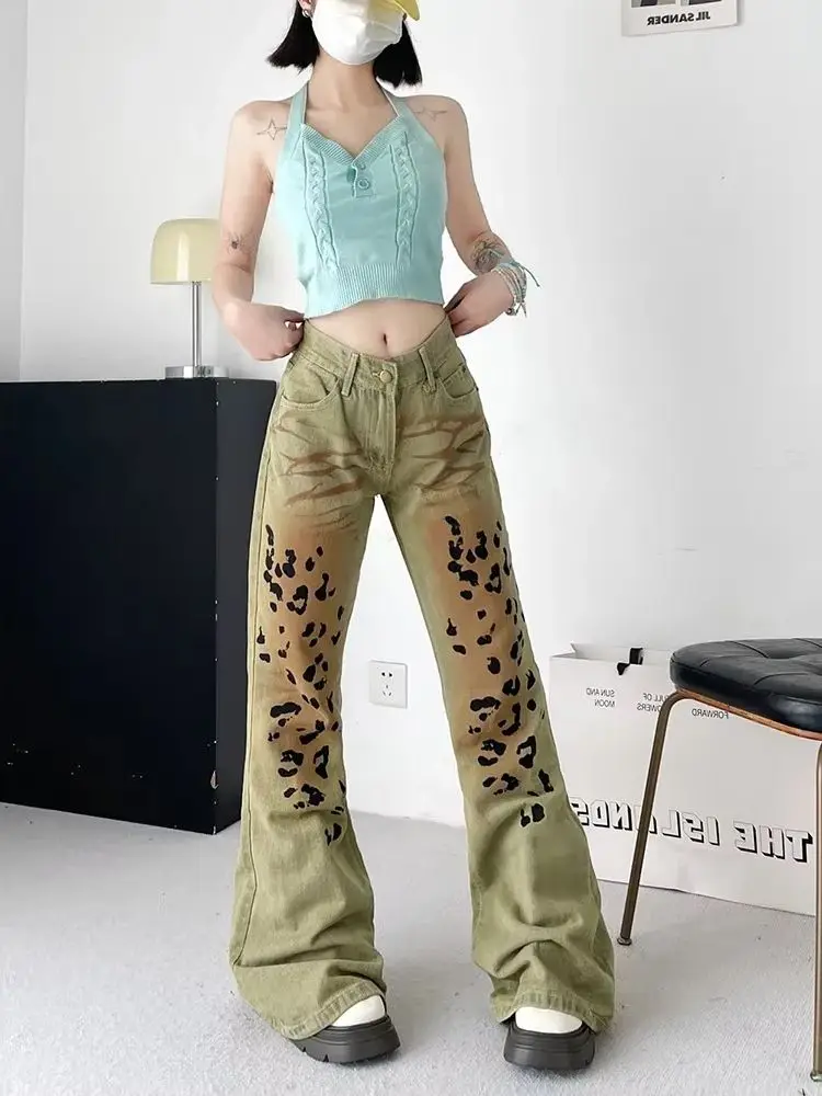 Mode Slanke Hoge Taille Vrouw Jeans Casual Gedragen Luipaard Patroon Rechte Broek Vrouwelijke Chic Y2k Amerikaanse High Street Vrouwen Jeans
