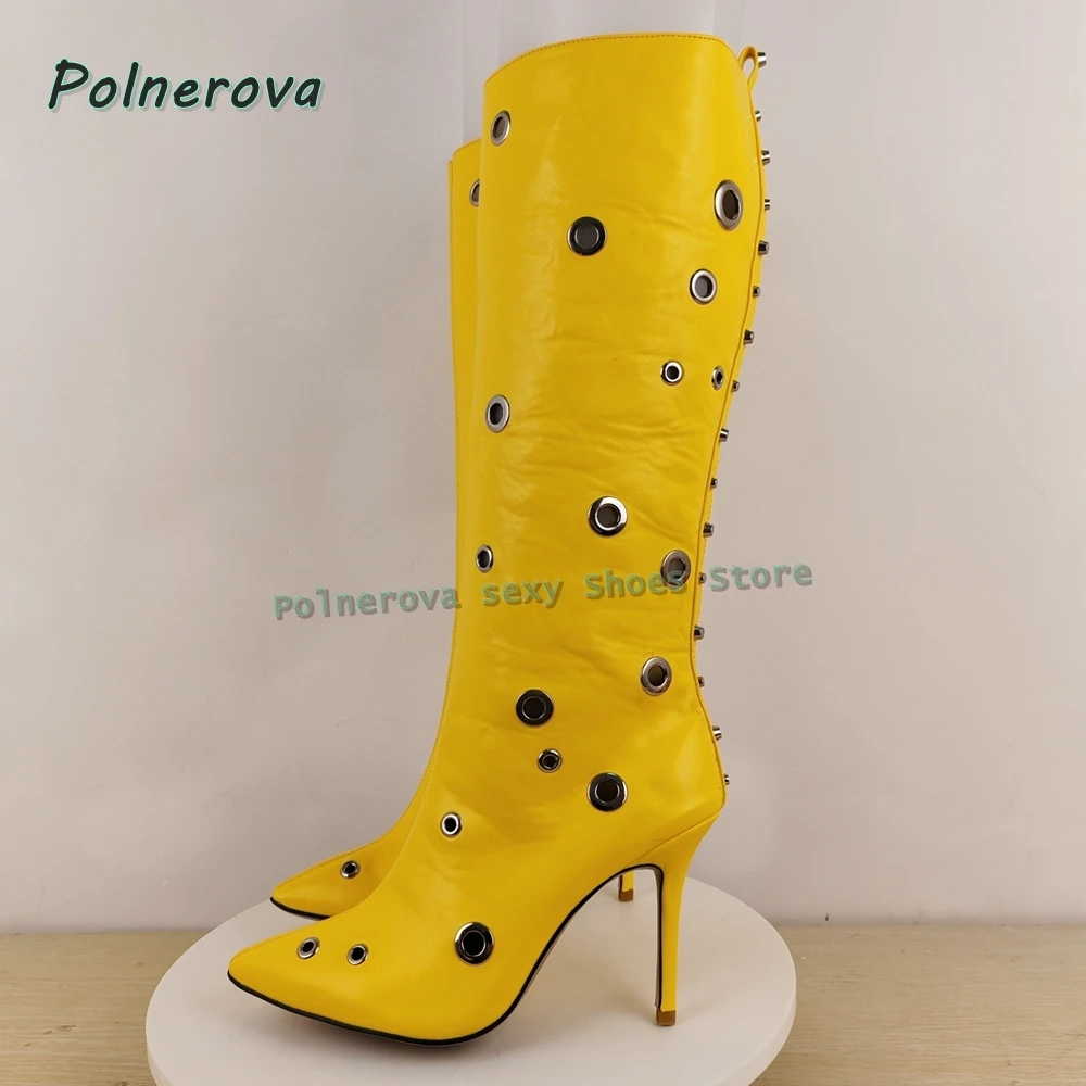 Women's Yellow Knee High Stiletto Boots Pointed Toe Eyelet Studded Faux Leather Punk Goth Sexy Party Club Fashion Shoes Summer