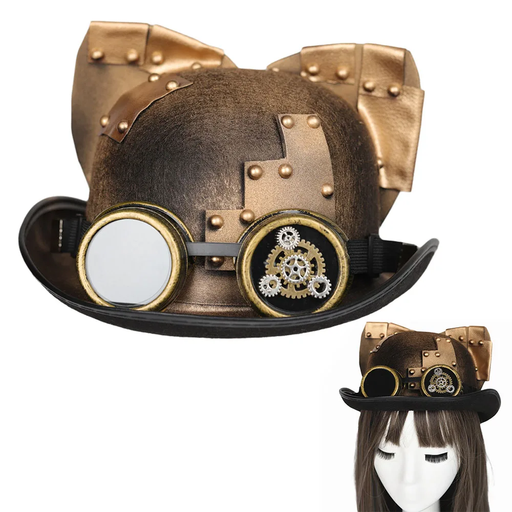 New Trendy Steampunk Top Hat Men Women Cosplay Costumes Gothic Cat Ears Punk Hats With Goggles Halloween Party Hat Accessories
