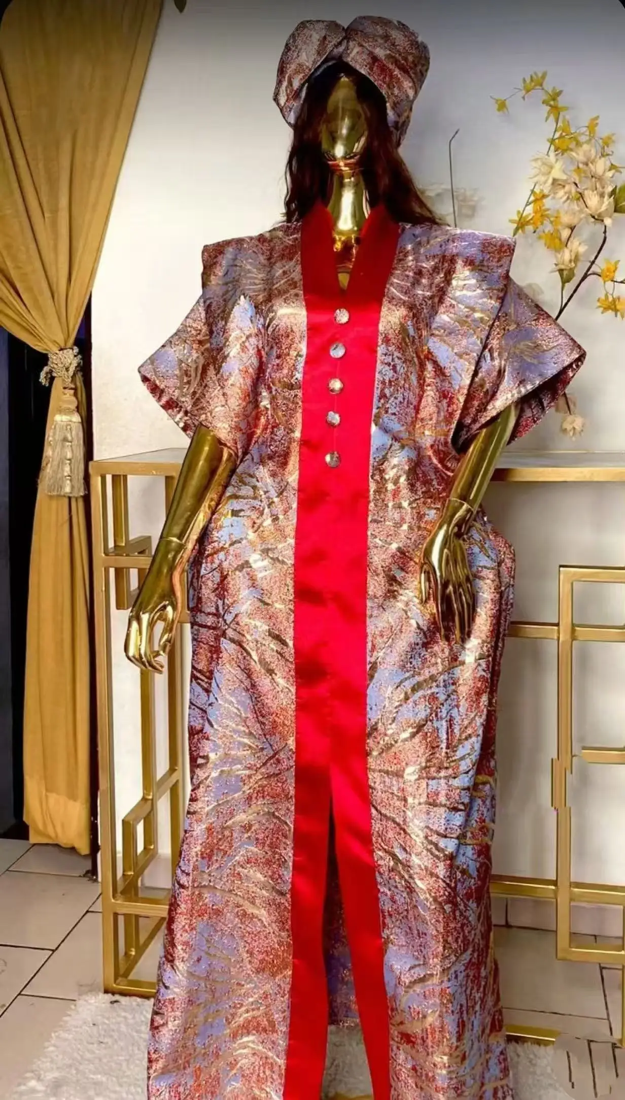 Abito caftano stampato taglie forti, maxi abito moderno a maniche corte con scollo a V e foulard, abbigliamento taglie forti da donna