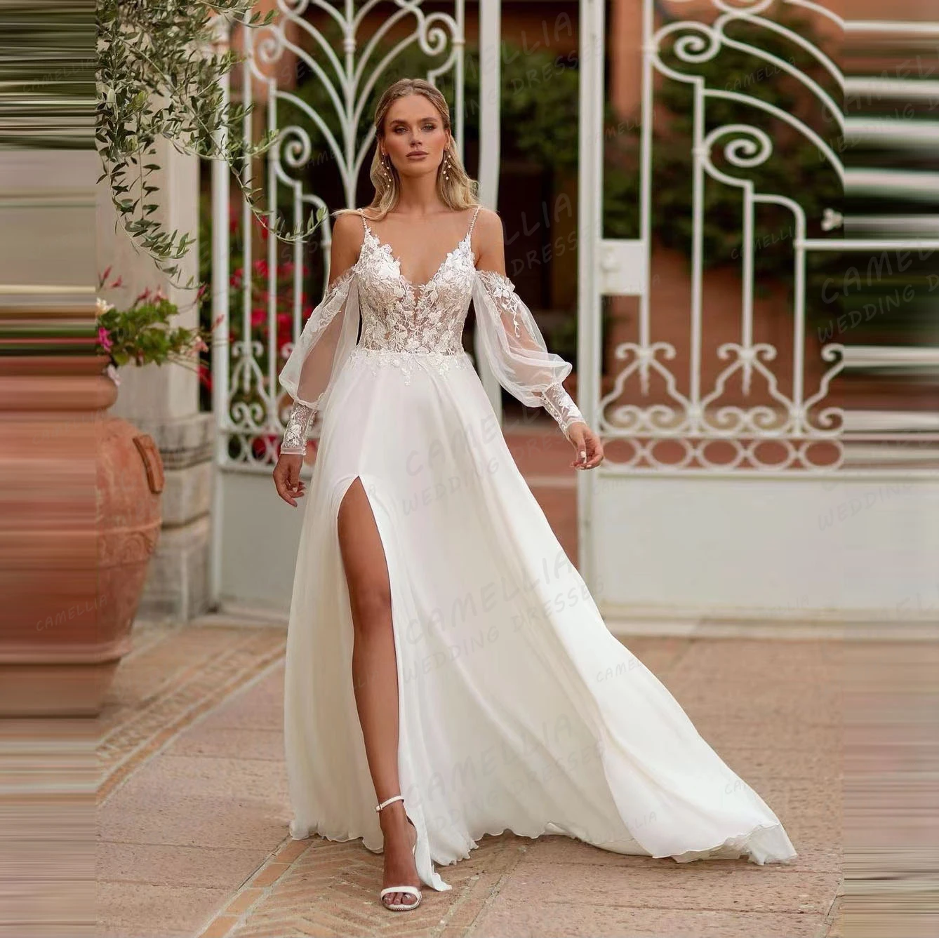 Chiffon 2024 Trouwjurken A Lijn Sexy Off Shoulder Lange Mouw Dames Bruidsjurken Split Appliques V Hals Elegante Veatidos