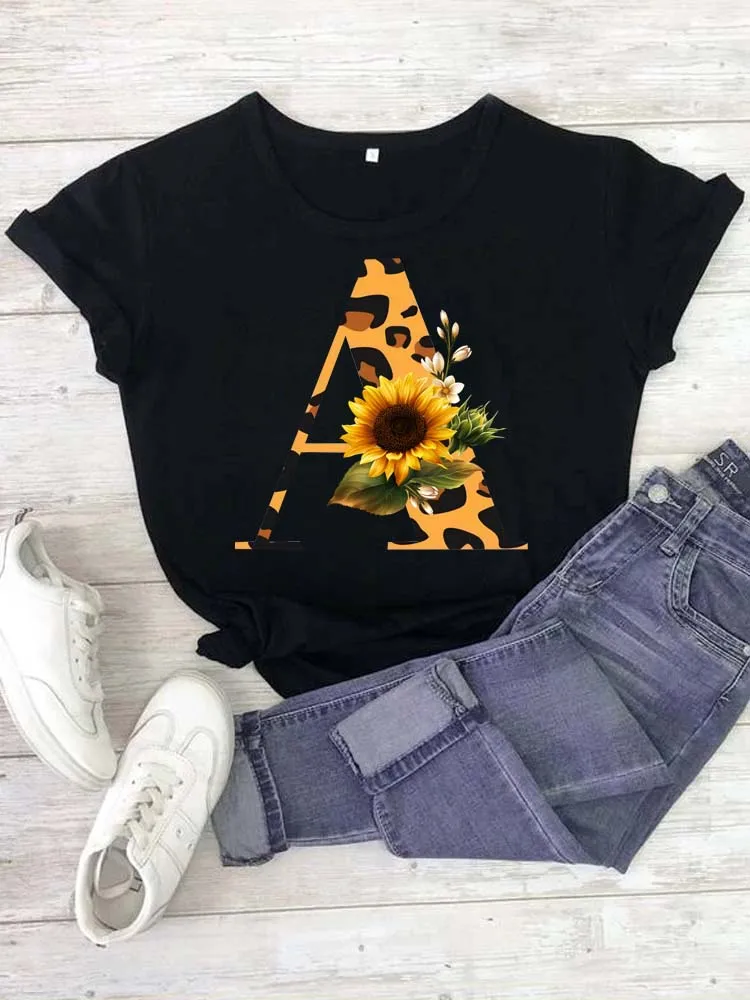 Maycaur Custom Name Letter Combination Women T Shirt Fashion Sunflower Leopard Print Font A B C D E F G Short Sleeve Tshirt Top