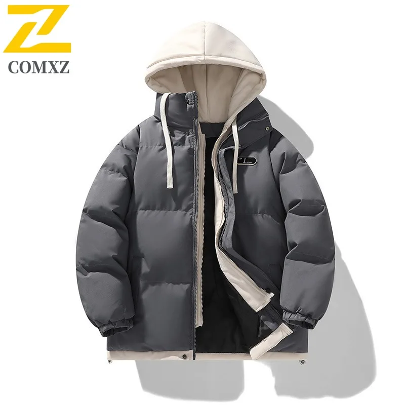 COMXZ 2025 Mens Winter Hooded Puffer Jacket Fake Two Piece American Style New Thick Warm Thickened Cold-proof Outdoor Sport Coat