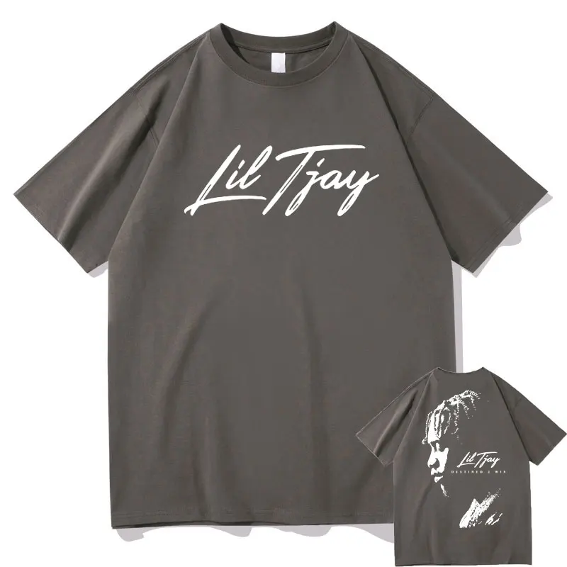 Rapper Lil Tjay Destined 2 Win Double Sided Print T-shirt Men's Black Cotton Tshirt Men Women Fashion Oversized Hip Hop T Shirts