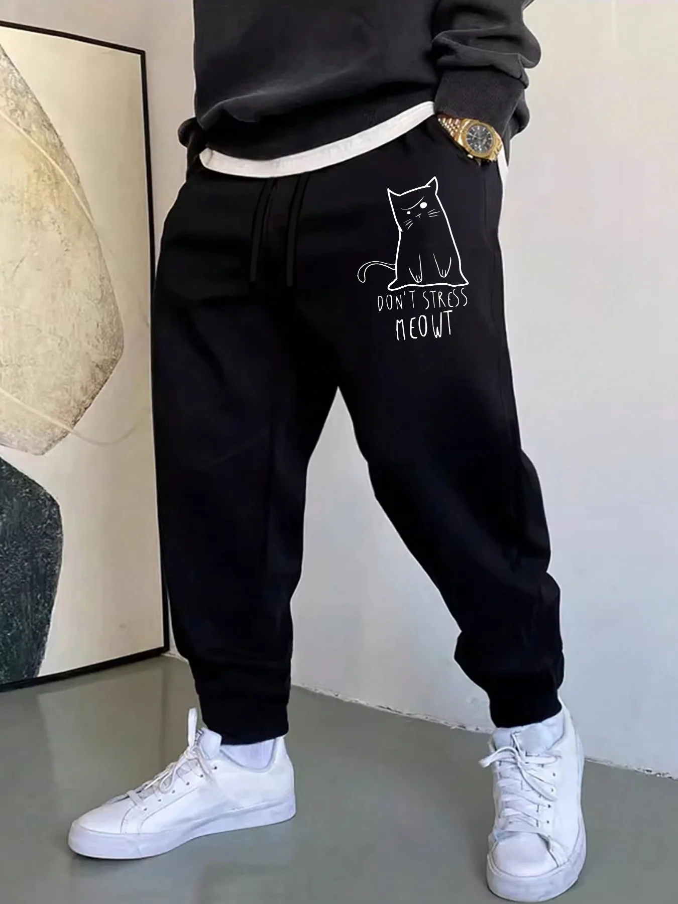Casual‑vibe hand‑sketch kitty funny quote artwork print graphic relaxed loose sweatpants men hip hop sports casual jogger pants