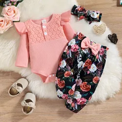 Conjunto de calças e macacão de manga comprida para bebé, 6, 12, 18, 24 meses de roupa infantil, laço rosa, novo, 2023