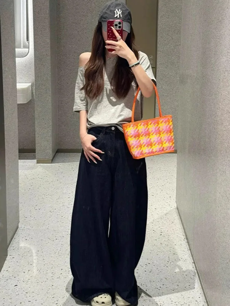 

High Waist Loose Fit Straight Leg Denim Jeans Women's plus Size Autumn Faion Pear ape Body Wide Leg Floor Length Pants