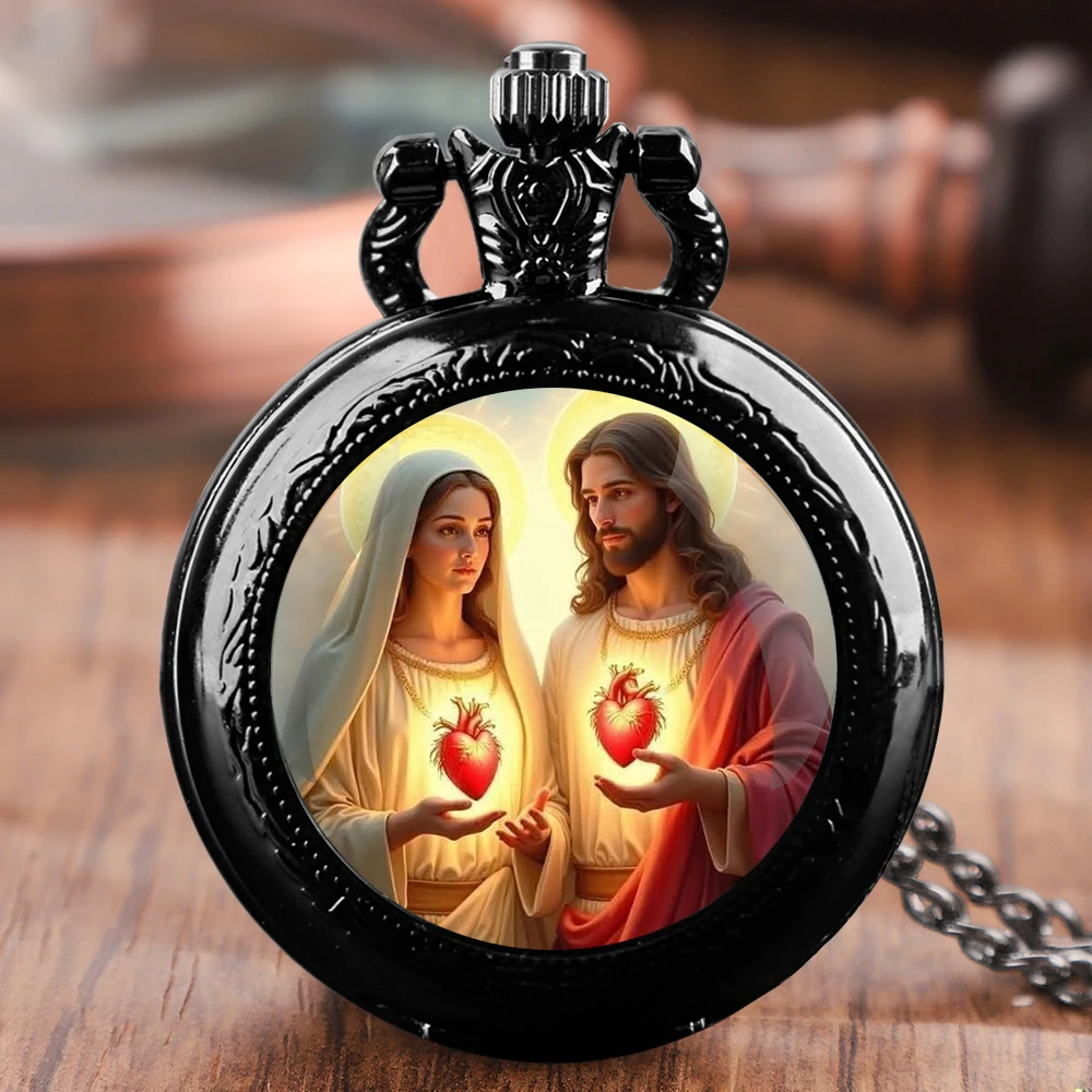 Orologio da tasca dorato con design vintage Gesù Madonna Madre di Dio con collana, cassa in lega, orologio con movimento al quarzo per uomo e donna