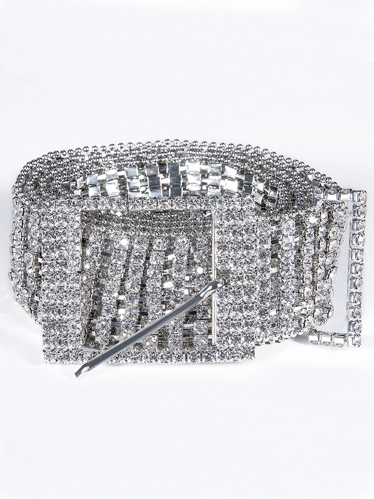 Luxury Shiny Brand Women's Rhinestones belt bright Bride Bling Crystal Diamond Belt Sliver Wedding Party Wide Long Chain belt