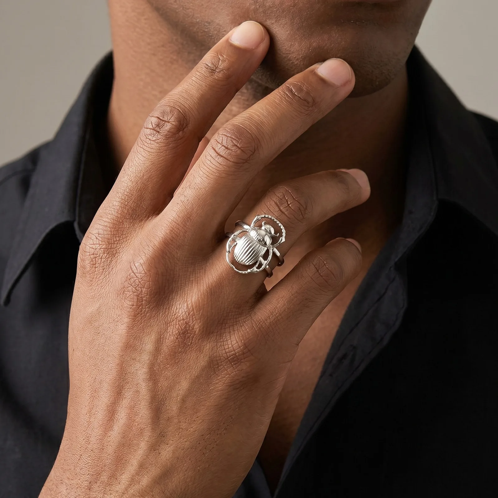 Punk Skarabäus-Ring für Männer, Silberfarbener Edelstahl Offener Ring, Trendiger Hip-Hop Schmuck Geschenk – Detail 5