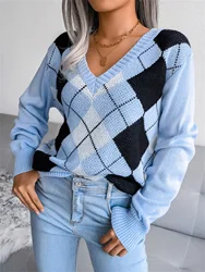 Autumn Winter Casual V-neck Diamond Plaid Pattern Long Sleeved Knitted Pullover For Women Sweater Top