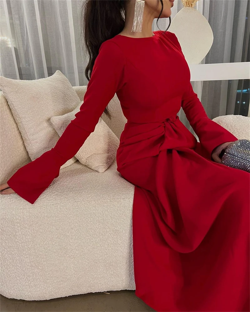 Customized Prom Dress With Slit Elegant O-Neck Ankle Length Party  Long Sleeve Chiffon Formal Evening Gowns Платье На Выпускной