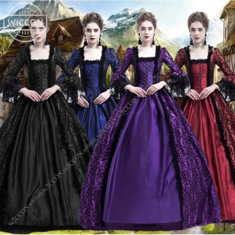 Women's Vintage Dress Medieval Victorian Court Lace Stitching Dress Gothic Long Sleeve Dress Cosplay Party Costume S-5XL Party