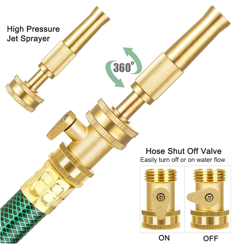 Heavy-Duty Brass Adjustable Twist Hose Nozzle With Garden Hose Shut Off Valve 3/4Inch GHT Connector, High Pressure Jet