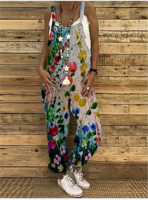 

Casual Loose Jumpsuit Women Spaghetti Long Camis Summer Print Cotton Linen Strap Wide Leg Pants Bib Overalls Sleeveless Jumpsuit