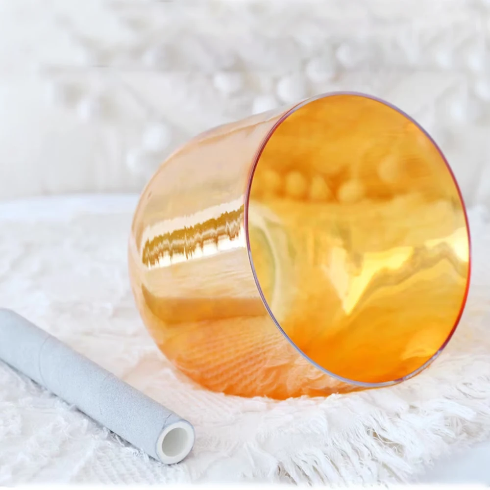 Hye-eun 6 inch D note Navel Chakra Clear Orange Cosmic light Crystal Singing Bowl for Anxiety Hypertension Stress Sound Healing