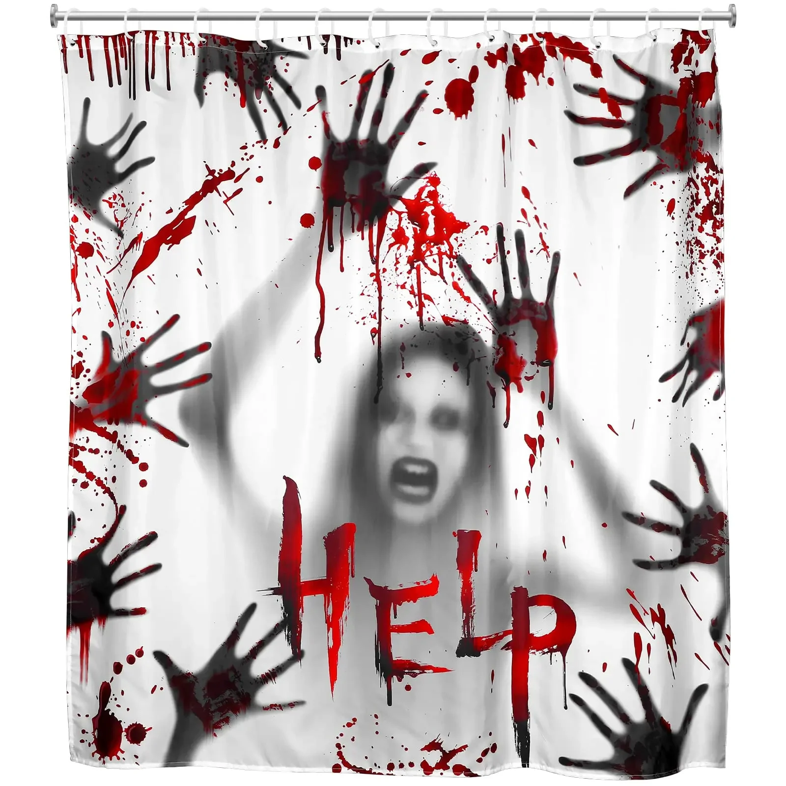 Halloween Shower Curtain Waterproof Bathroom Curtains Horror Bloody Hands Bath Curtain with Hooks for Help me Scary Home Decor