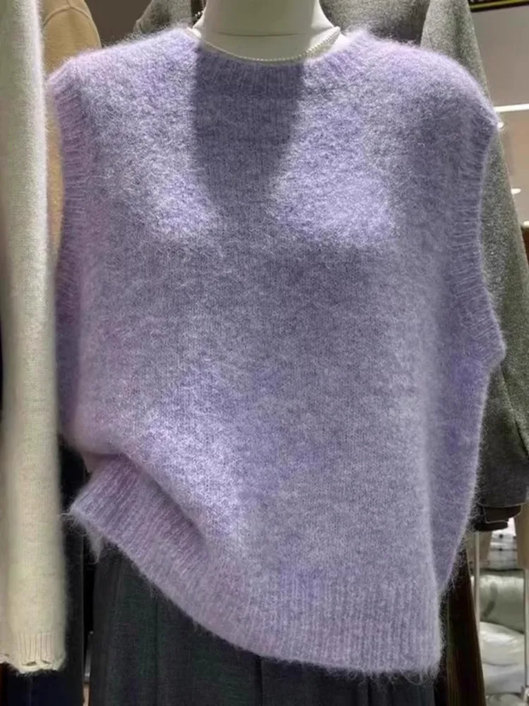 Retro สีม่วงแขนกุดถักเสื้อกั๊กผู้หญิง 2024 ฤดูใบไม้ร่วงและฤดูหนาวสไตล์ใหม่เรียบง่ายและหลวมสบายๆเสื้อกั๊ก TOP