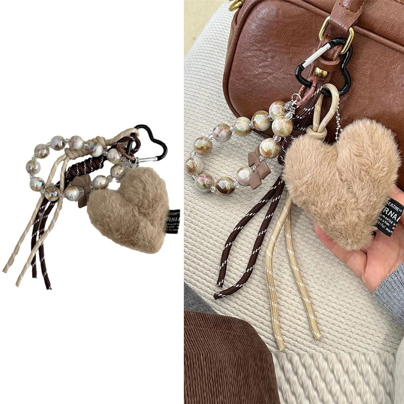 

Y2k модный кожаный брелок с бантом в форме сердца из плетеной веревки; цепочка для телефона из бисера Maillard Girly Bag Ornament Prezzie.