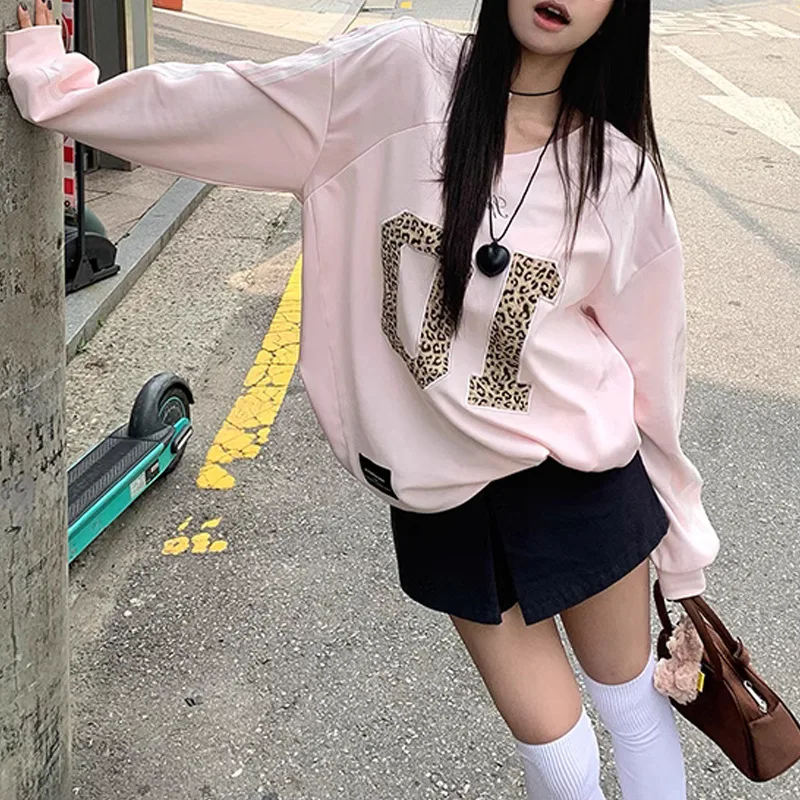 Leopard Print Pink Sweatshirts Women Vintage Oversized Jersey T Shirt Sports Pullovers Streetwear Harajuku Hoodies