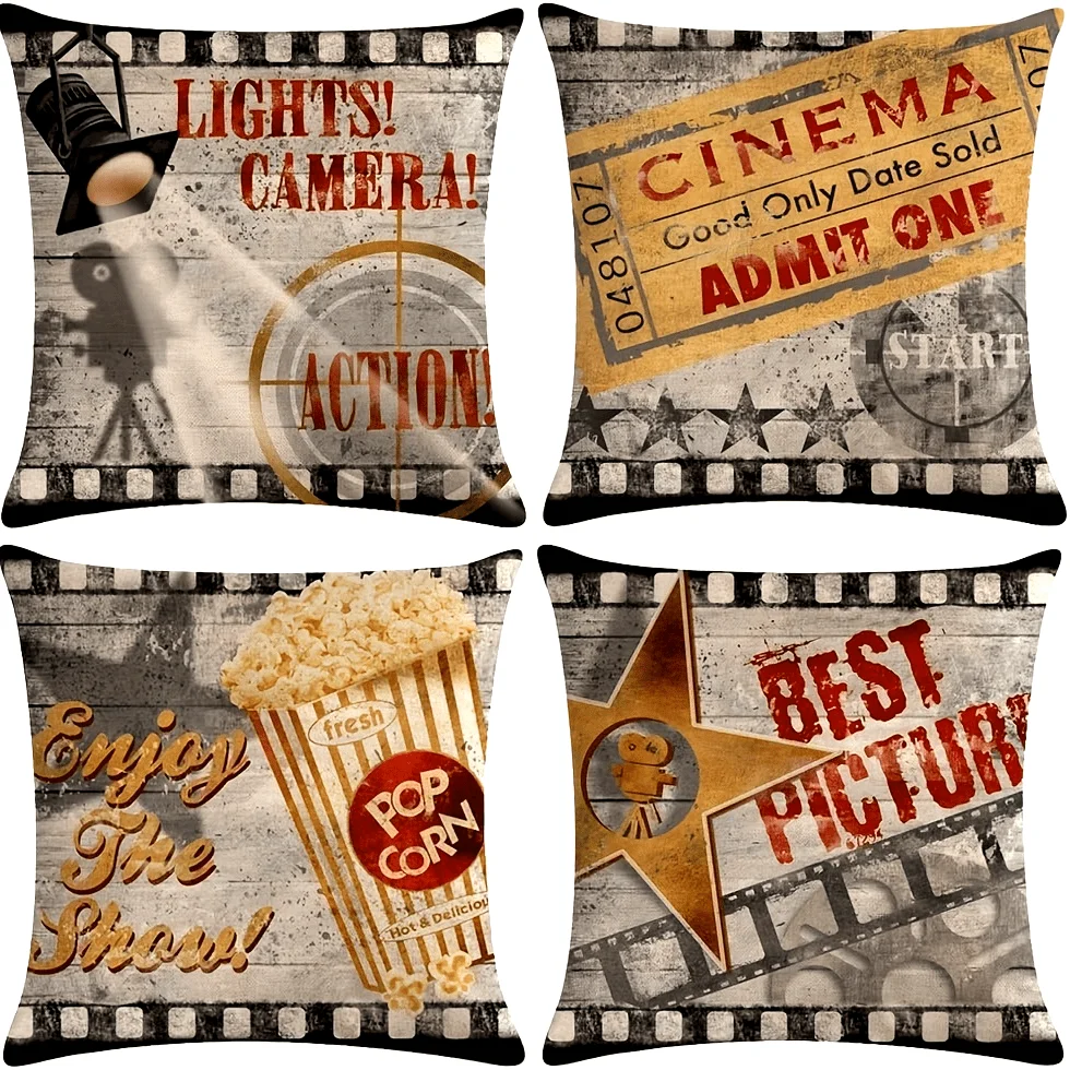 Rustic Retro Cinema Movie Theme Pillow Covers Set of 4 Throw Pillows Hollywood Decor Gift for Movie Lover