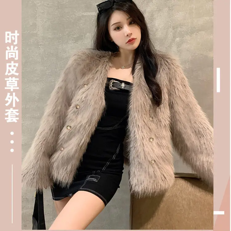 Damskie płaszcze ze sztucznego futra lisa, krótkie kurtki futrzane, zapinane na guziki, z okrągłym dekoltem, długi rękaw, luźny krój, grube, ciepłe futro, styl casual, jesień-zima 2025