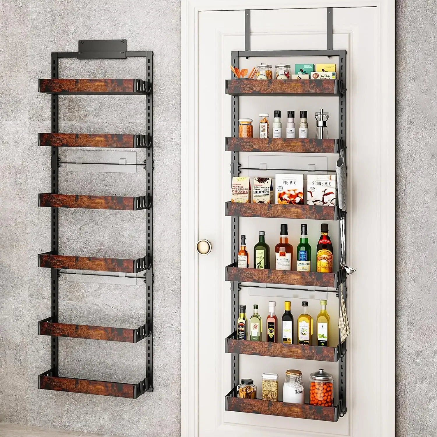 

Good Over the Door Pantry Organizer, 6-Tier Adjustable Wooden Basket Kitchen Pantry Door Organization