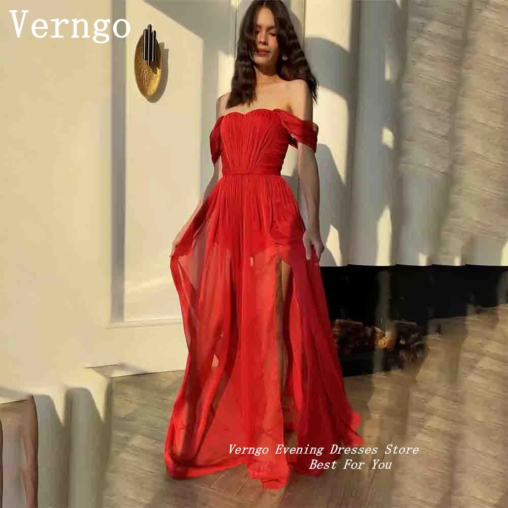 

Verngo Red Off The Shoulder A Line Prom Gowns Simple Chiffon Party Dress For Women Floor Length Evening Dress Formal Dress