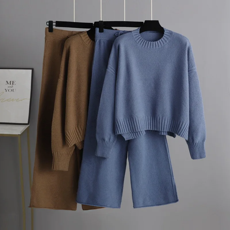 

Осень-зима 2025 г., модный повседневный вязаный костюм, женский свободный свитер, широкие длинные брюки, комплект из двух предметов