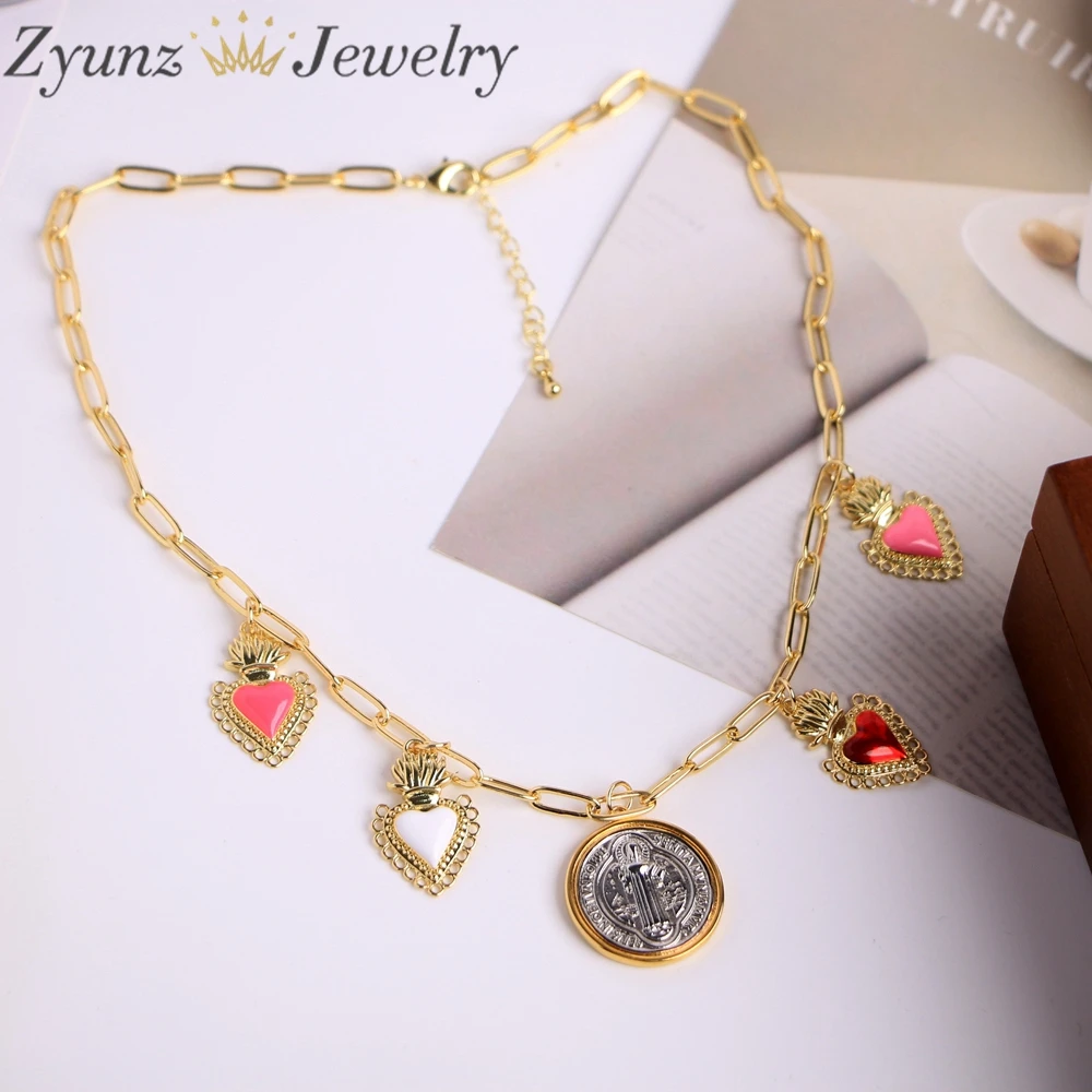 3PCS, Women's San Benito Necklace For Women Metal St Benedict Medal Heart Pendant Necklaces Choker Jewelry