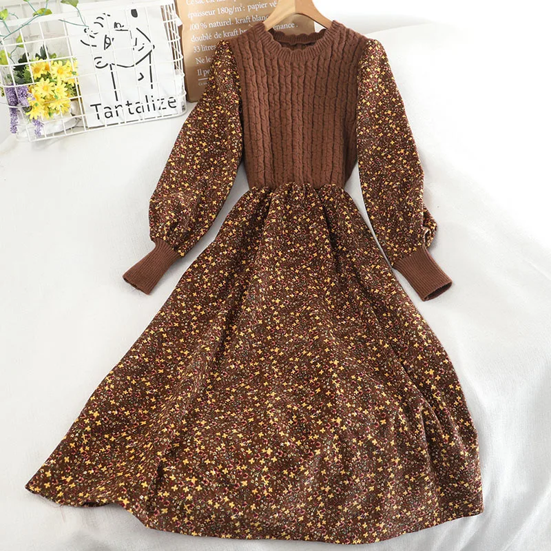 Autumn Winter Women\'s Knitted Dress New Long Sleeve Corduroy Floral Dress Female Elegant Sweater A-line Long Belt Warm Veatidos