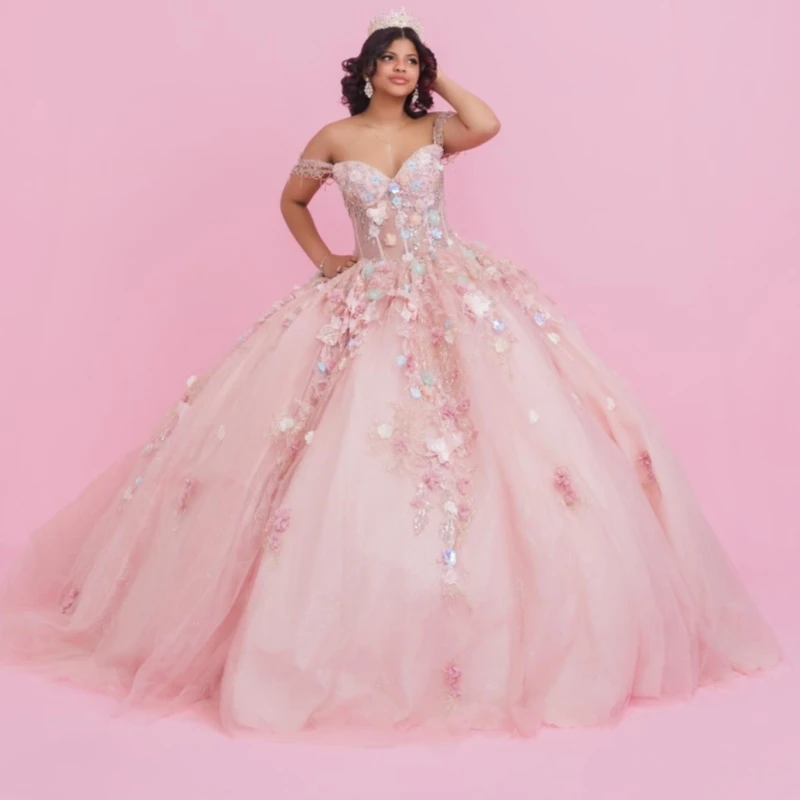 

Pink Shiny Quinceanera Dresses Off The Shoulder Applique Lace Beading Crystal Tull Corset Party Birthday Sweet 16 Dress Vestidos