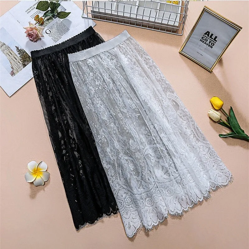 Women Sexy Mesh Lace Transparent Long Tulle Skirt Korean Fashion Summer Ladies Elastic High Waist Black White Beach Midi Skirtt