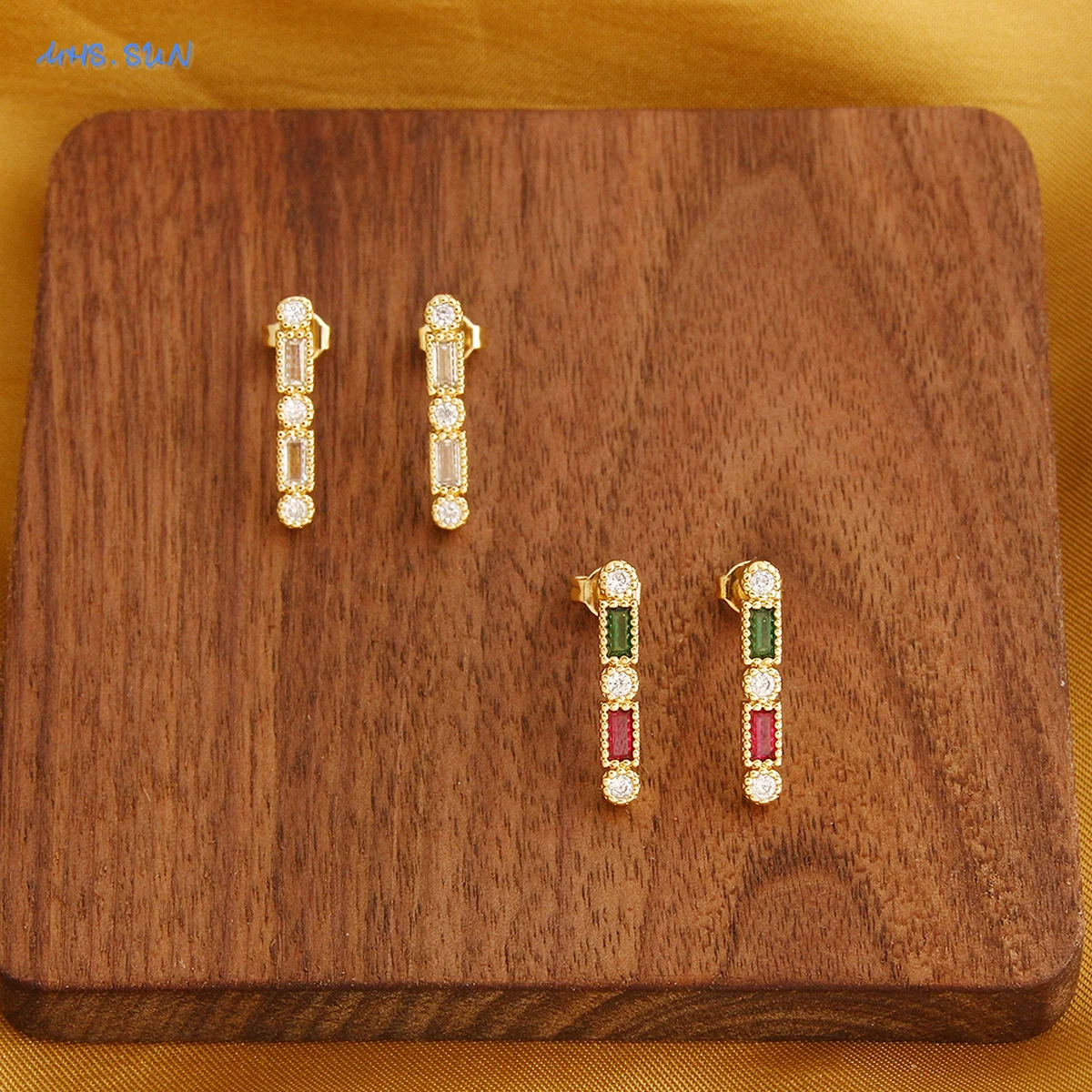 MHS.SUN Chromatic Colour Cubic Zircon Strip Stud Earrings Classic Geometric Gold Plated Women Girls Simplicity Party Jewelry