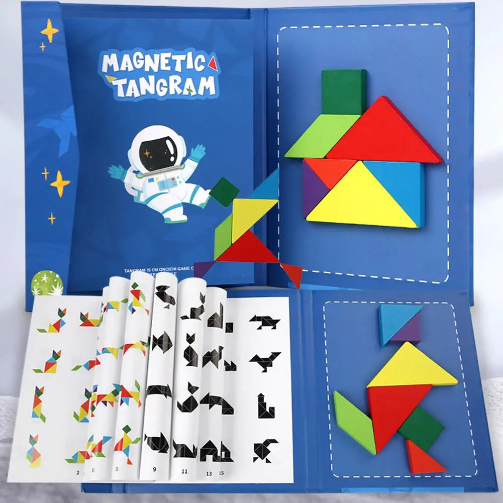 Tangram Puzzle Book Magnetic Wooden Jigsaw Blocks Spatial Logic Educational Geometry Brain Teaser Toy Learning Toys