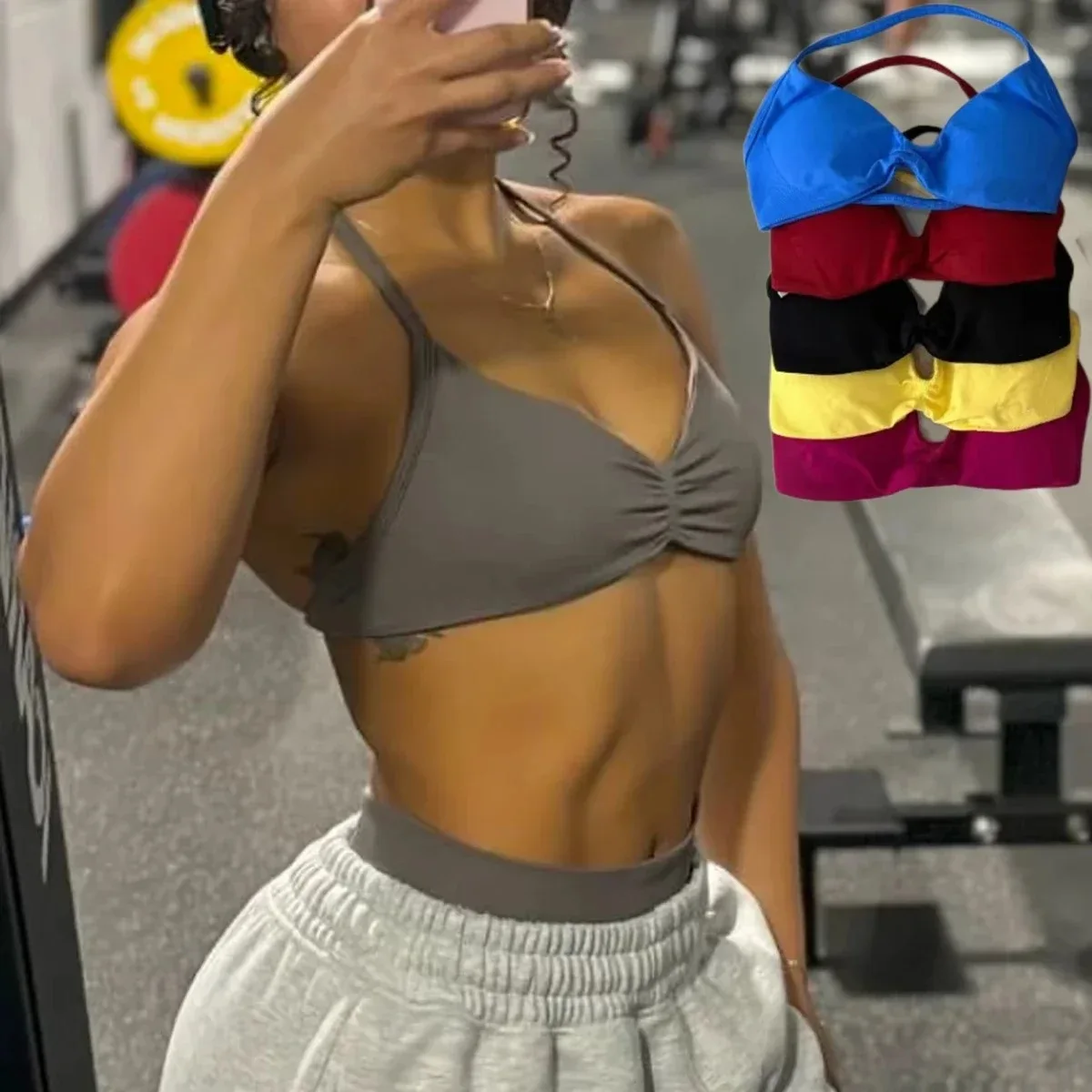 Soutien-gorge de sport à lacets pour femme à maintien élevé - Camisole à fines bretelles, sans couture, ajusté pour l'entraînement push-up et le yoga, haut de sport