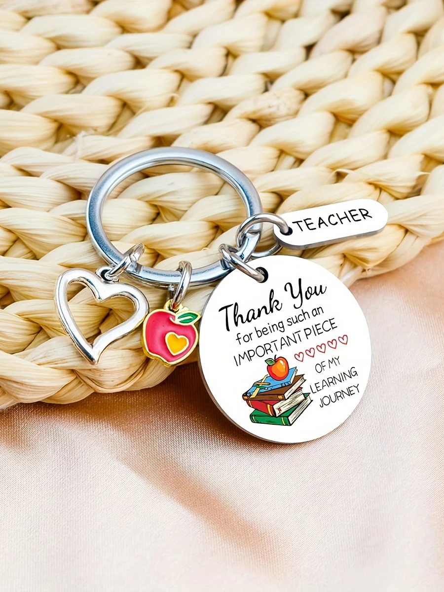 قطعة واحدة من سلسلة المفاتيح المستديرة المصنوعة من الفولاذ المقاوم للصدأ مع تصميم "شكرا لك المعلم" - هدية مثالية للمعلمين أو عيد الحب أو عيد الميلاد