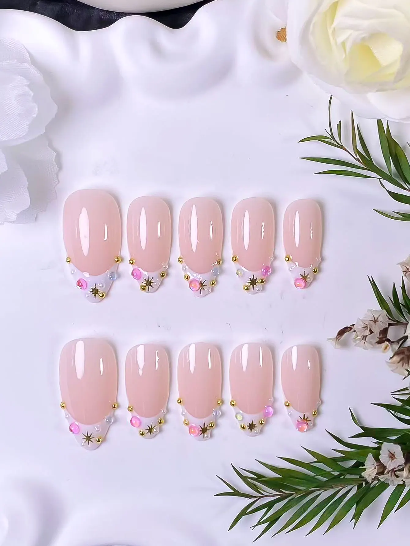 10 pcs White French with Starburst Multicolor Rhinestones Press-On Nails, elegant, romantic and minimalist, premium sexy luxury view 5