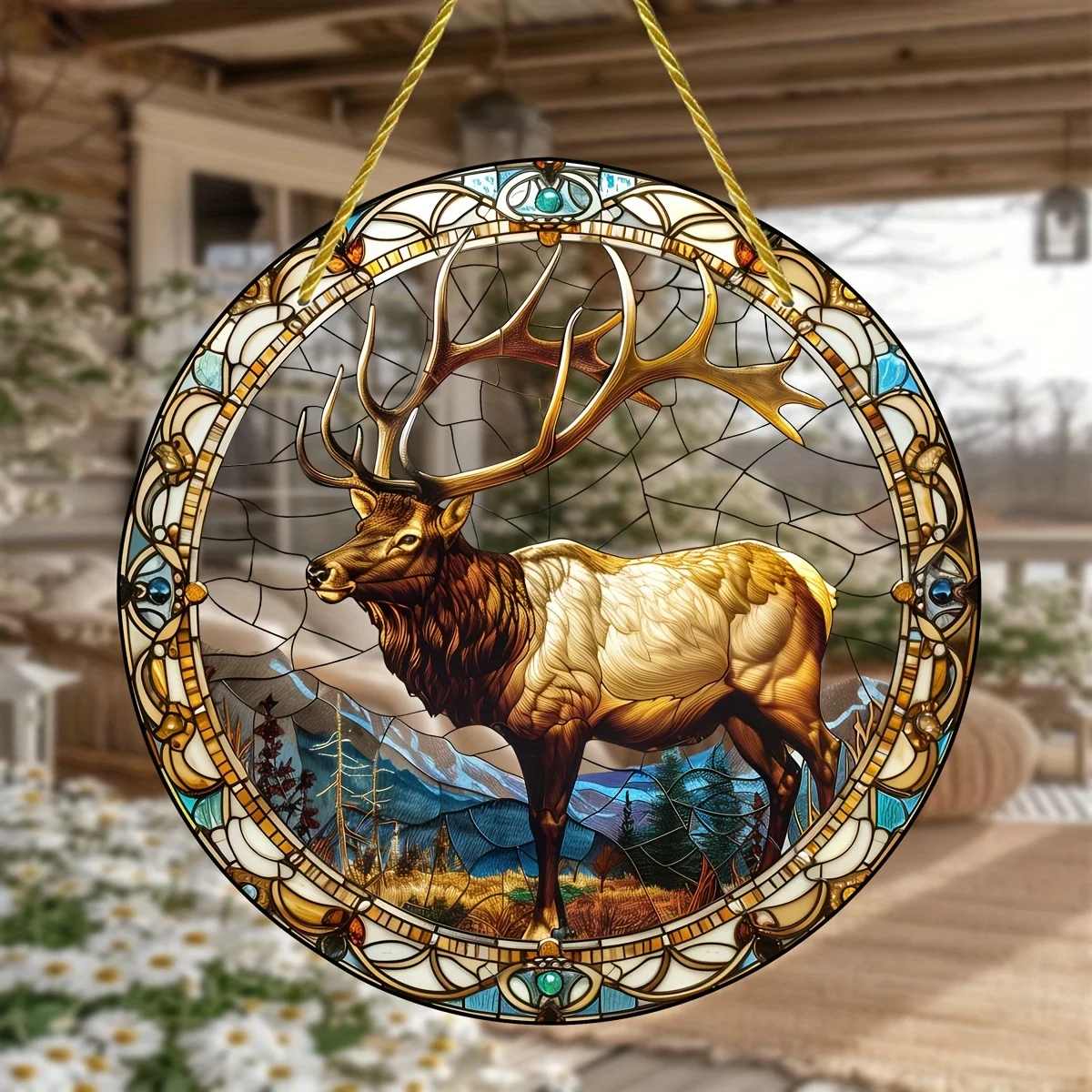 Charming Elk Stained Glass-Style Window Hanging-Round Acrylic Light Catcher For All Seasons,Living Room-Ideal Birthday Gift