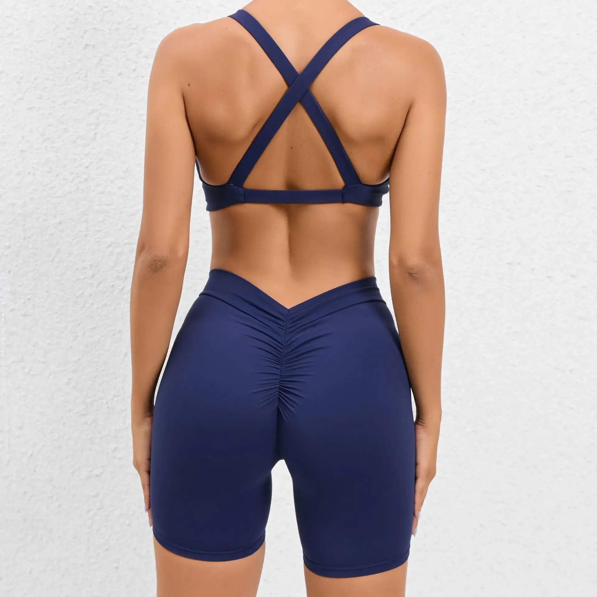 2 Piece Sports Suit Women Sexy Backless Yoga Bra + High Waist Shorts Quick Dry Naked Feeling Yoga Set Summer Fitness Sportswear